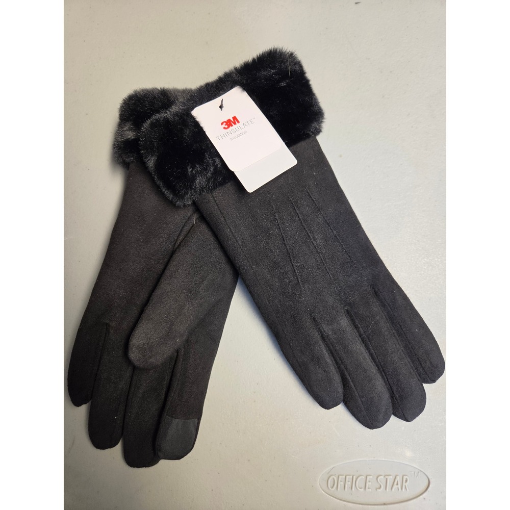 West Loop Womens Faux Suede Gloves Black Faux Fur Trim 3M Thinsulate Texting